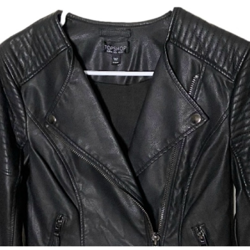 TOPSHOP Women's Black Polly Faux-Leather Biker Jacket Size 4 - Picture 6 of 10